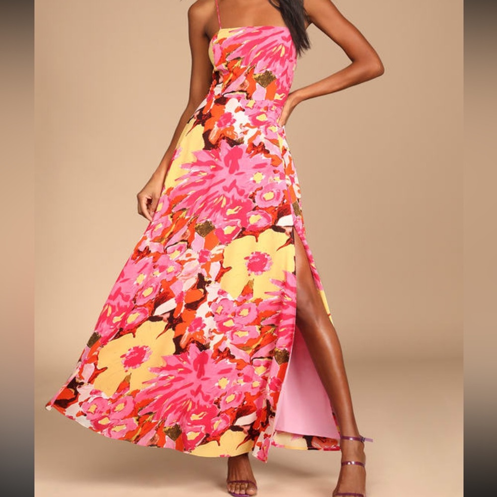 Lulus Beautiful and Bold Pink Multi Floral Print Lace Up Maxi Dress